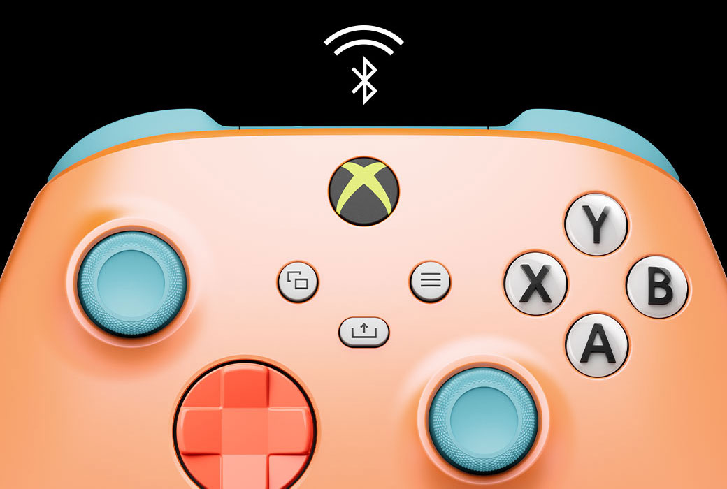 A Sunkissed Vibes OPI Special Edition vezeték nélküli Xbox-kontroller közeli középponti nézete Bluetooth-emblémával.