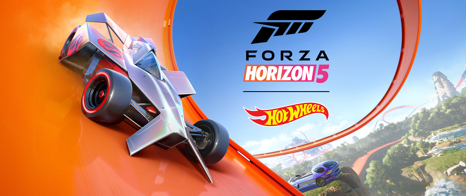 Forza Horizon 5, Hot Wheels, a car races around a Hot Wheels track loop.