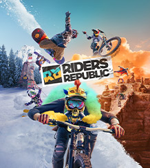 Riders Republic, characters on bikes, a snowboard and skis race down various terrain.