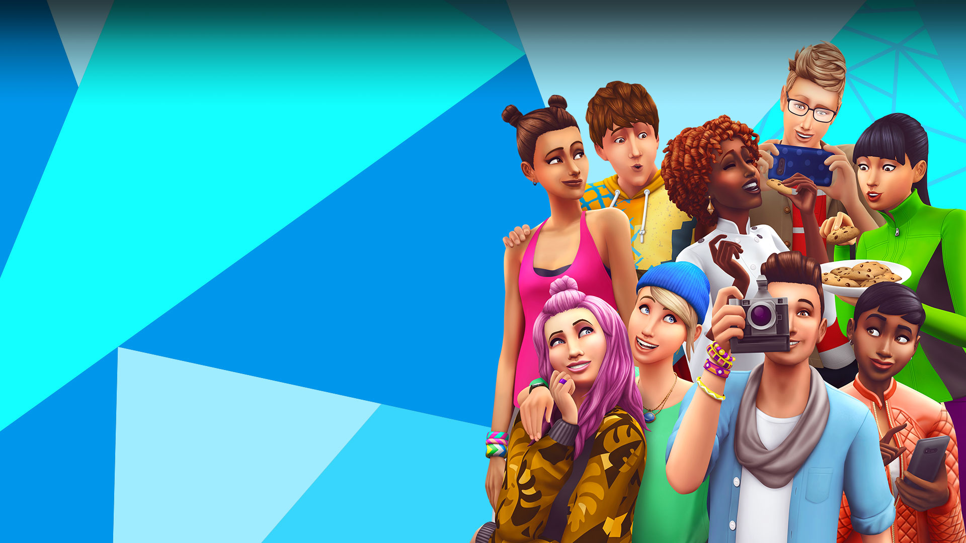 Sims a posarem, a partilharem comidas e a tirarem uma fotografia em frente a um mosaico triangular azul, azul claro e branco.
