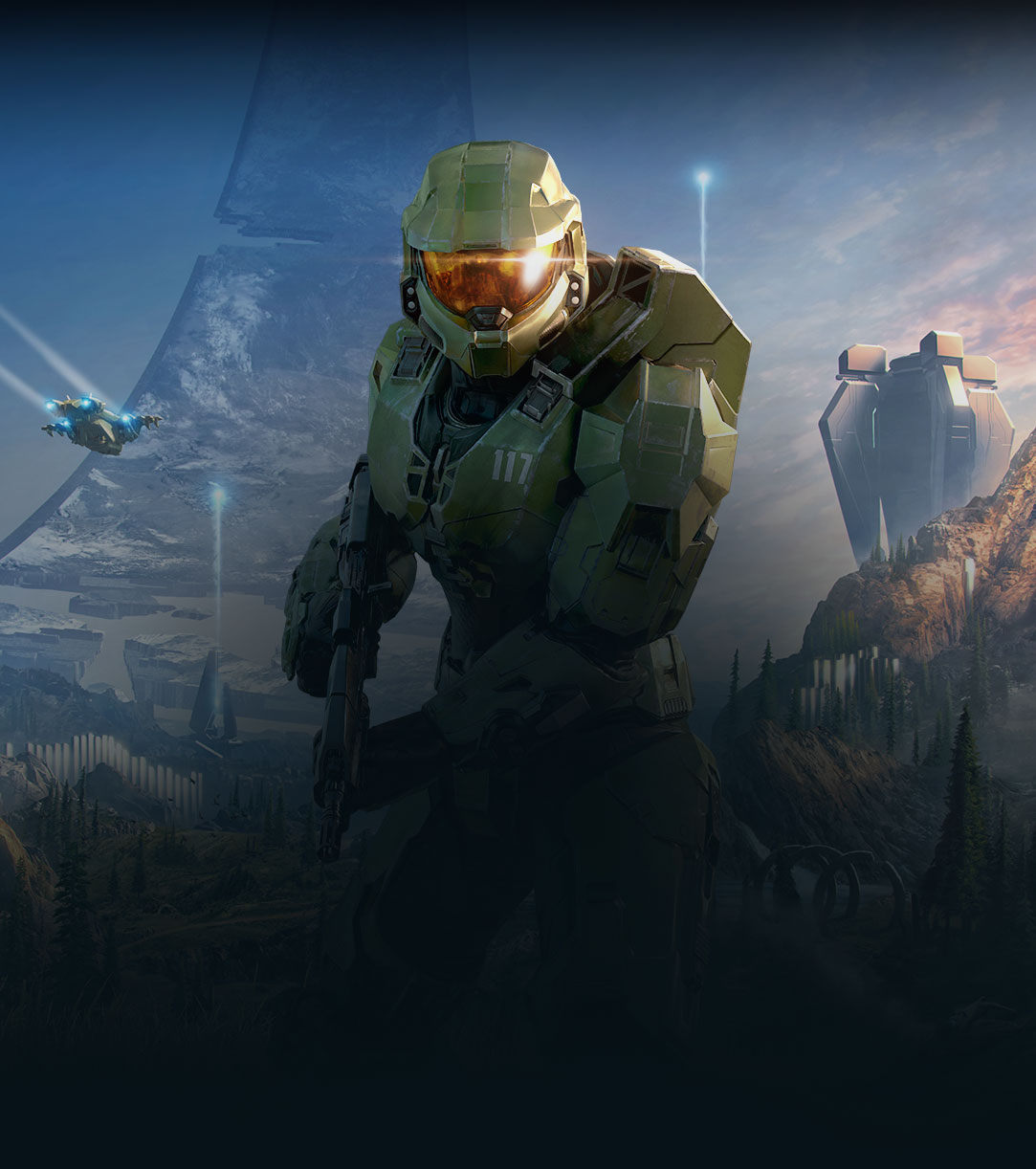 Halo Infinite, Animation of Master Chief facing forward in a lush valley with a broken Halo ring behind him