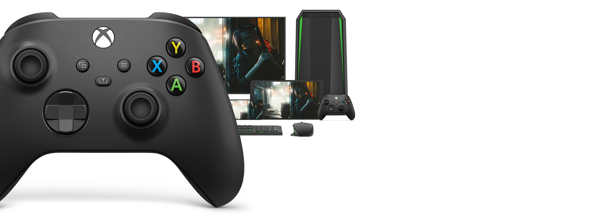 Bezdrátový ovladač pro Xbox před počítačem, monitor, tablet, bezdrátový ovladač pro xbox a myš a klávesnice