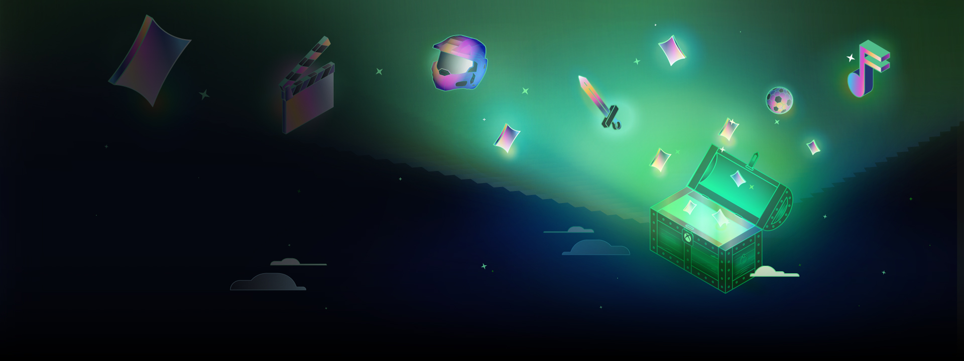 Artículos iluminados que salen flotando de un cofre del tesoro verde con una esfera de Xbox
