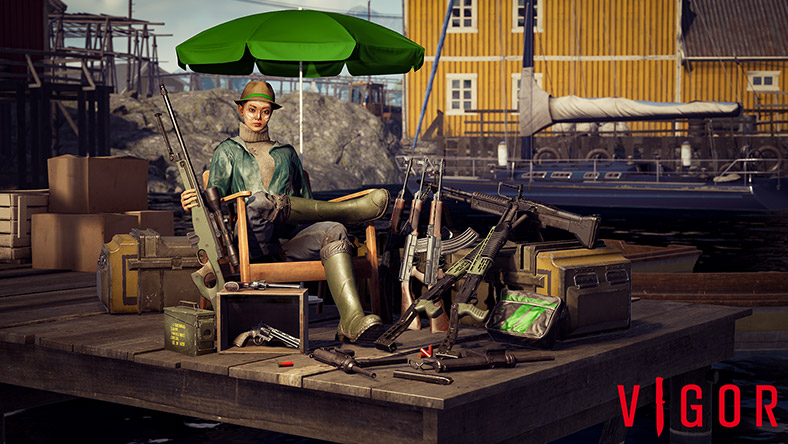 Vigor, a woman sits at the end of dock surrounded by an arsenal of weapons