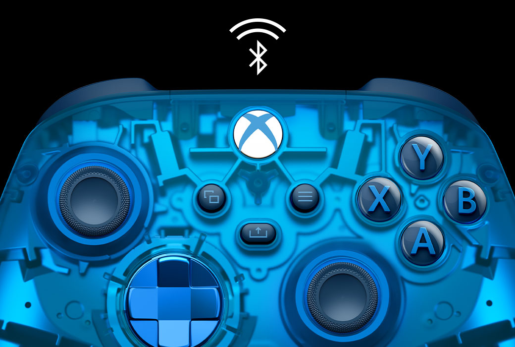 Close-up gecentreerd aanzicht van de Xbox draadloze controller – Sky Cipher Special Edition met een Bluetooth-logo