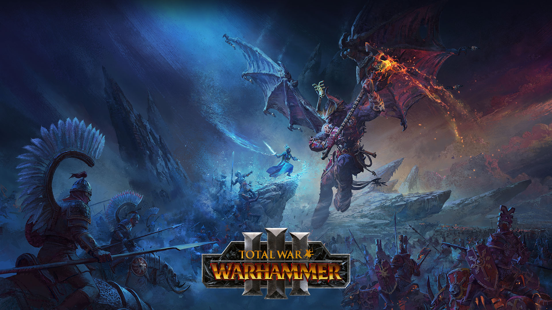 Total War Warhammer 3, An ice wizard faces off against a giant dragon demon above a battlefield. 