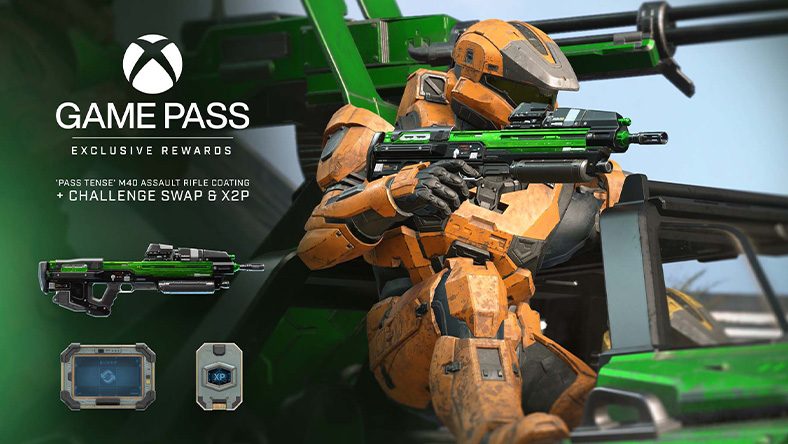 Halo Infinite, Game character in green armor holding rifle sitting on a green vehicle, Xbox logo, Game Pass, Exclusive Rewards, ‘Pass Tense’ M40 Assault Rifle Coating + Challenge Swap & X2P