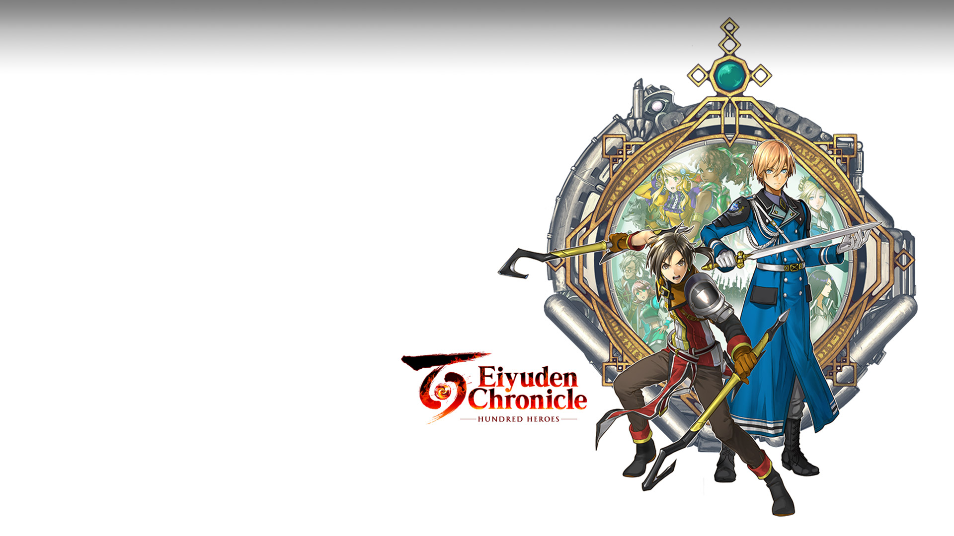 Eiyuden Chronicle: Hundred Heroes. Två karaktärer med vapen står framför en amulettliknande bakgrund med andra karaktärer i mitten.