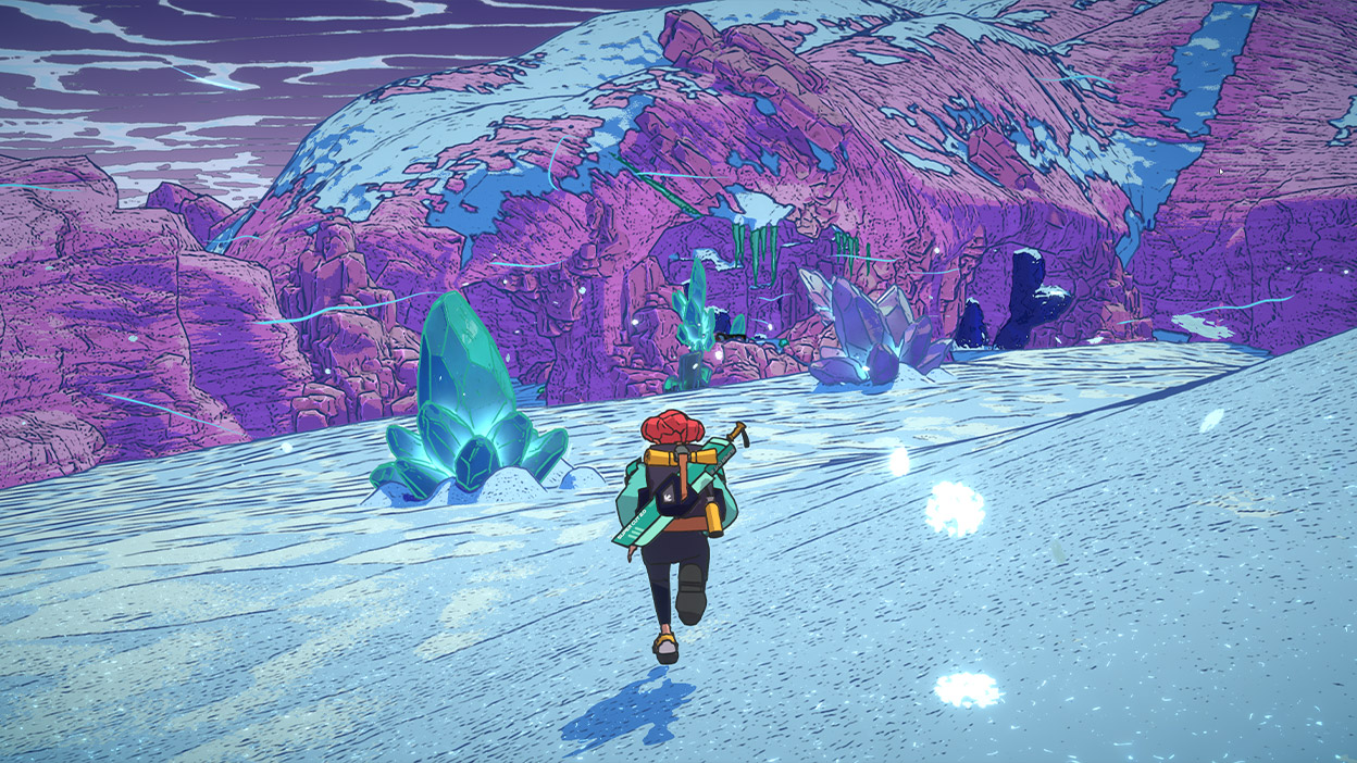 Luisa running down a snowy mountain slope near large crystals protruding from the ground. 