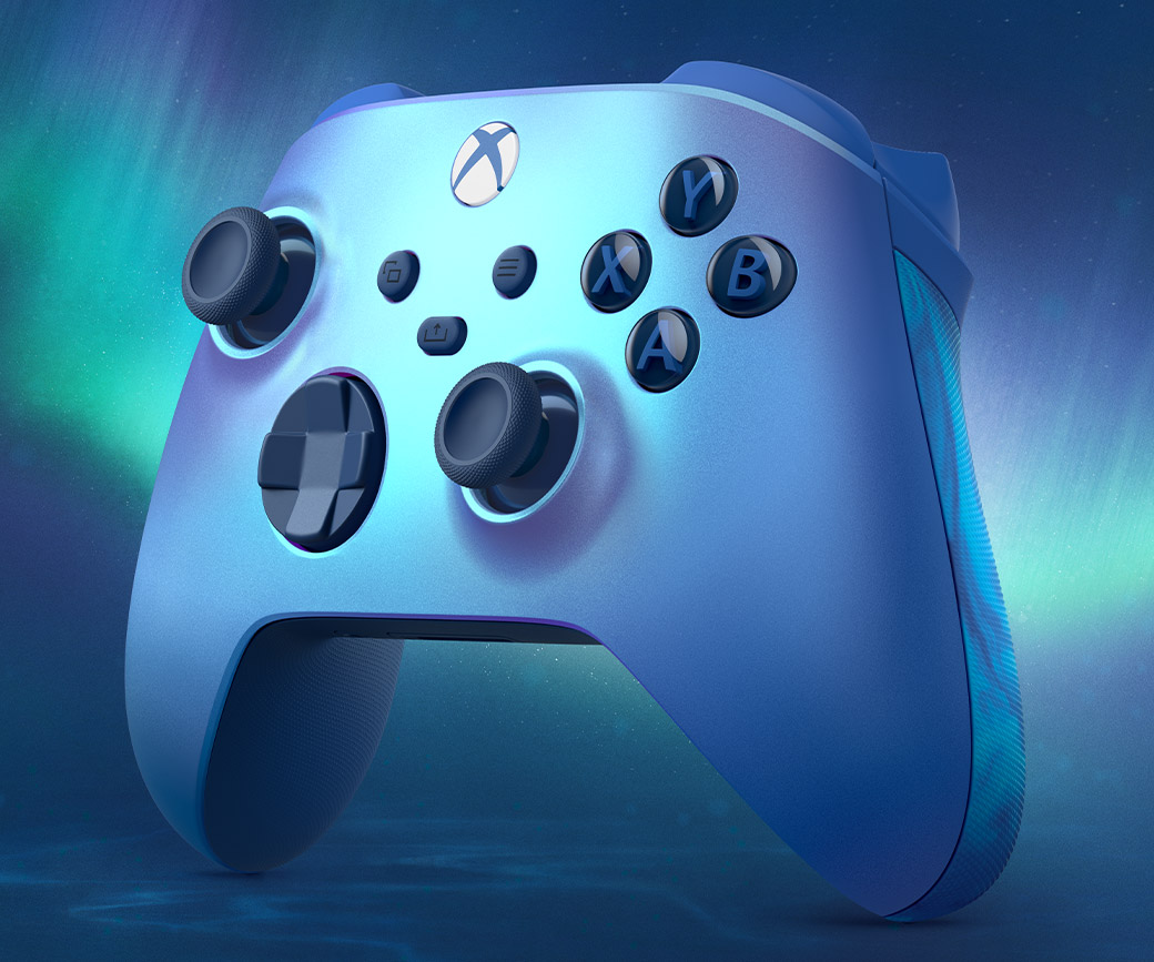 Control inalámbrico Xbox Aqua Shift con aurora boreal en azul y verde