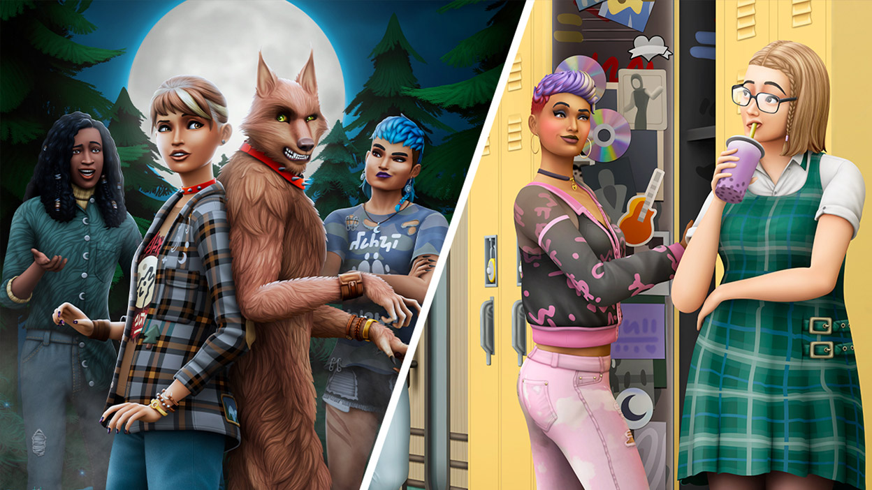 Zwei Sims schauen zu, wie ein Sim und ein Werwolf-Sim Rücken an Rücken posieren. Ein Sim durchsucht seinen Spind, während ein anderer Taro Bubble Tea trinkt.