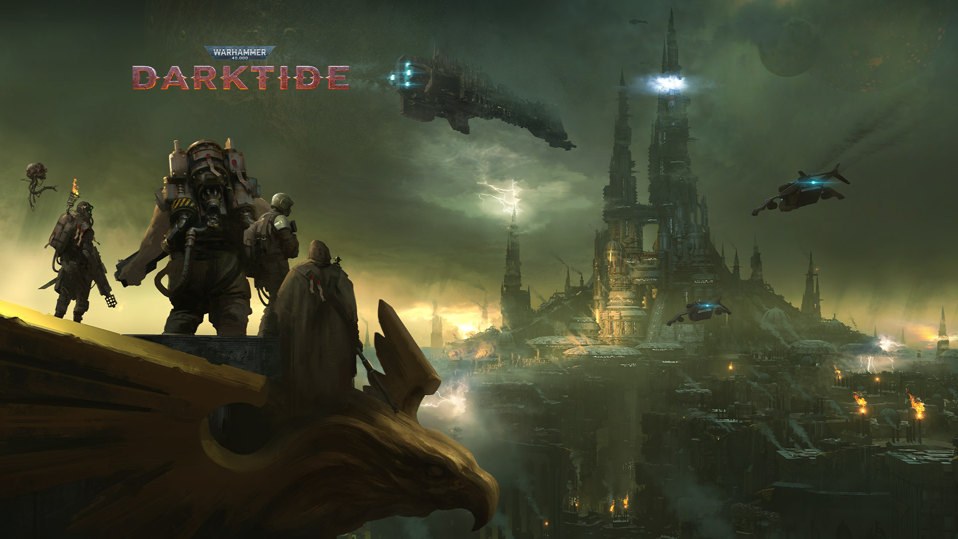 Warhammer 40,000 Darktide, un grupo de personajes pasa por alto una ciudad envuelta en niebla