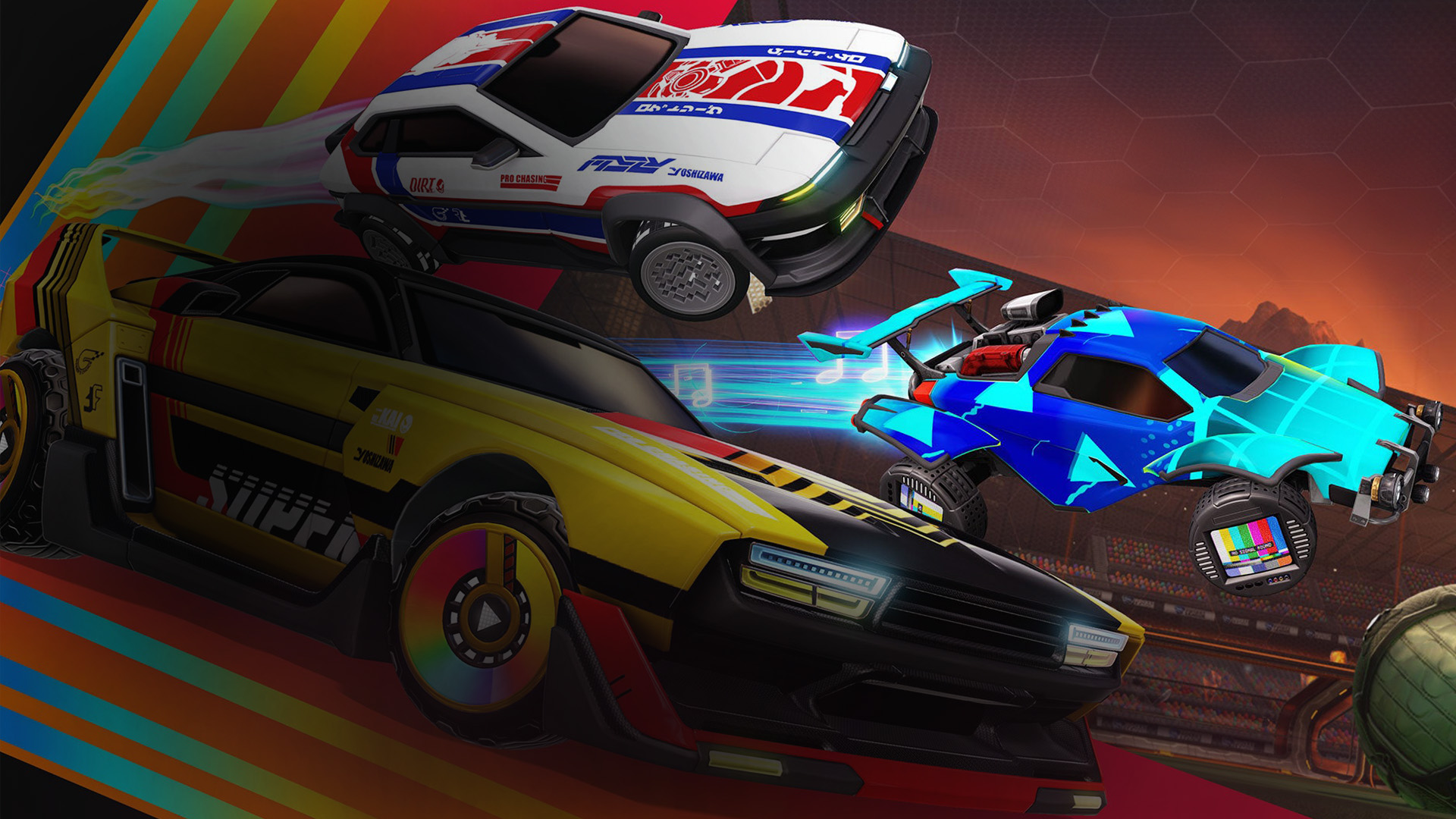 Multiple rocket-cars, with different unlockable vehicle skins, blast across the field after the ball. 