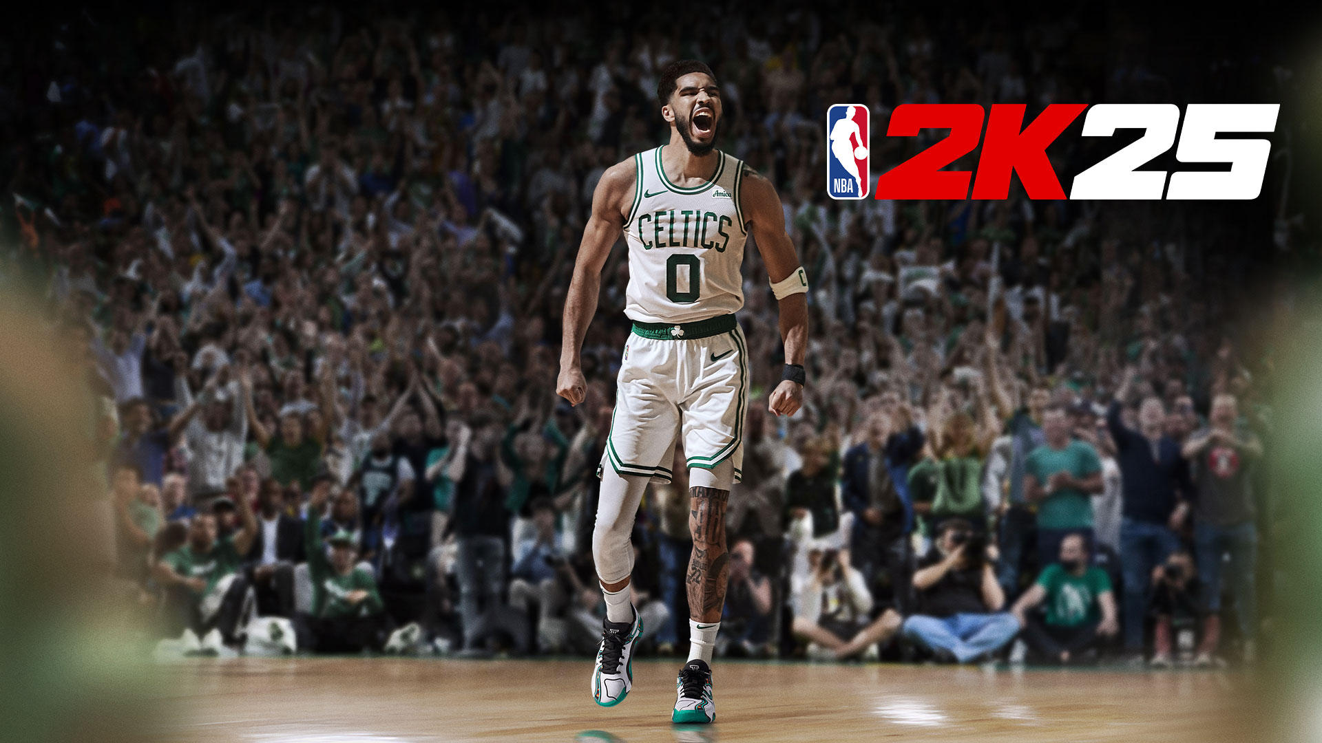 NBA 2K25 logo, Jayson Tatum wearing a number 0 Boston Celtics jersey yells on the court with a massive crowd behind him. 