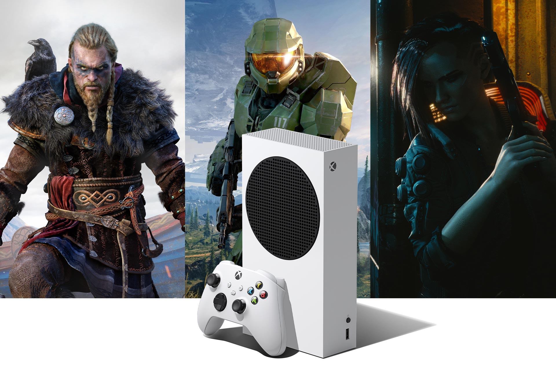 Xbox Series S com arte dos jogos Assassins Creed Valhalla, Halo Infinite e Cyberpunk 2077