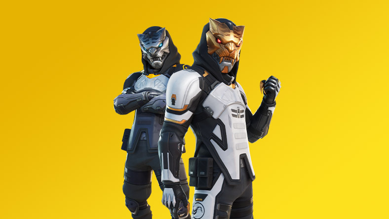 Zwei Fortnite-Charaktere, die das Hunter Saber-Outfit tragen, stehen Rücken an Rücken.