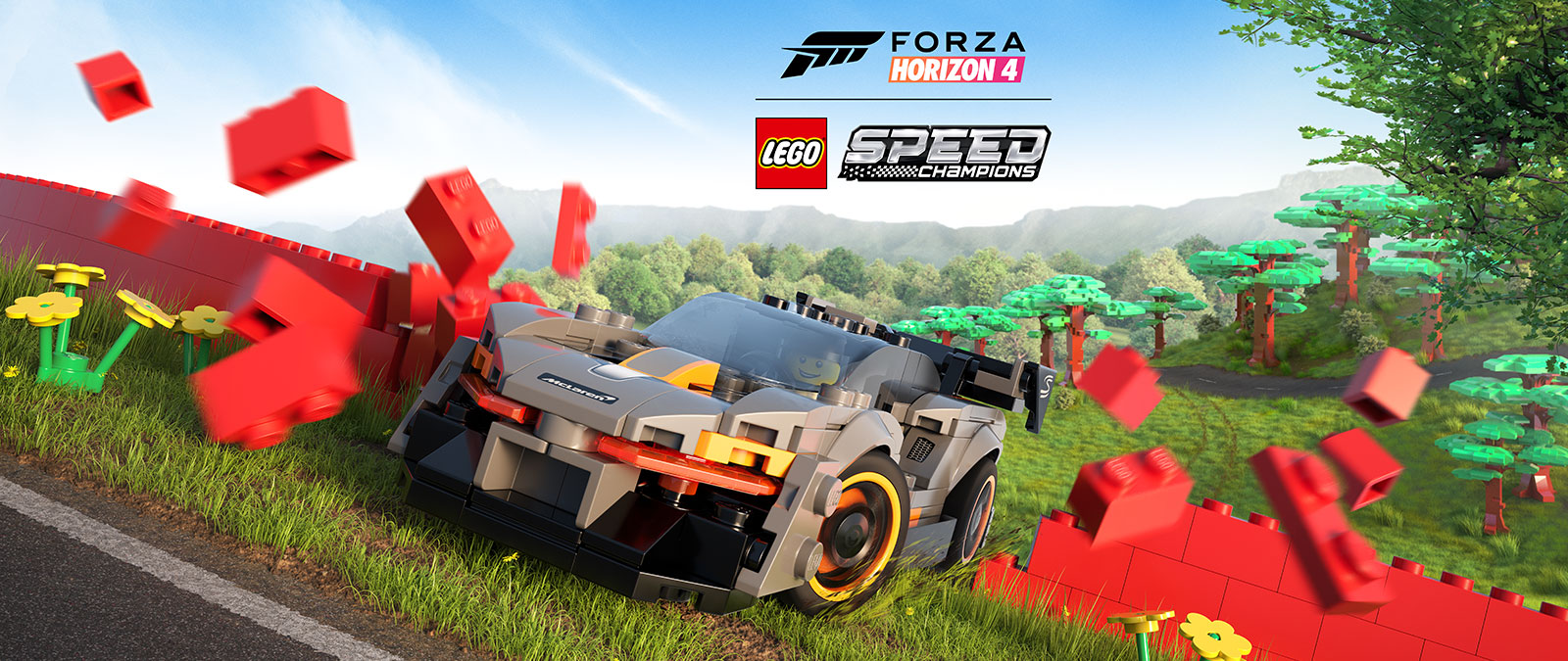 Forza Horizon 4 Lego speed champions, a LEGO McLaren drives through a bright red wall made of lego bricks