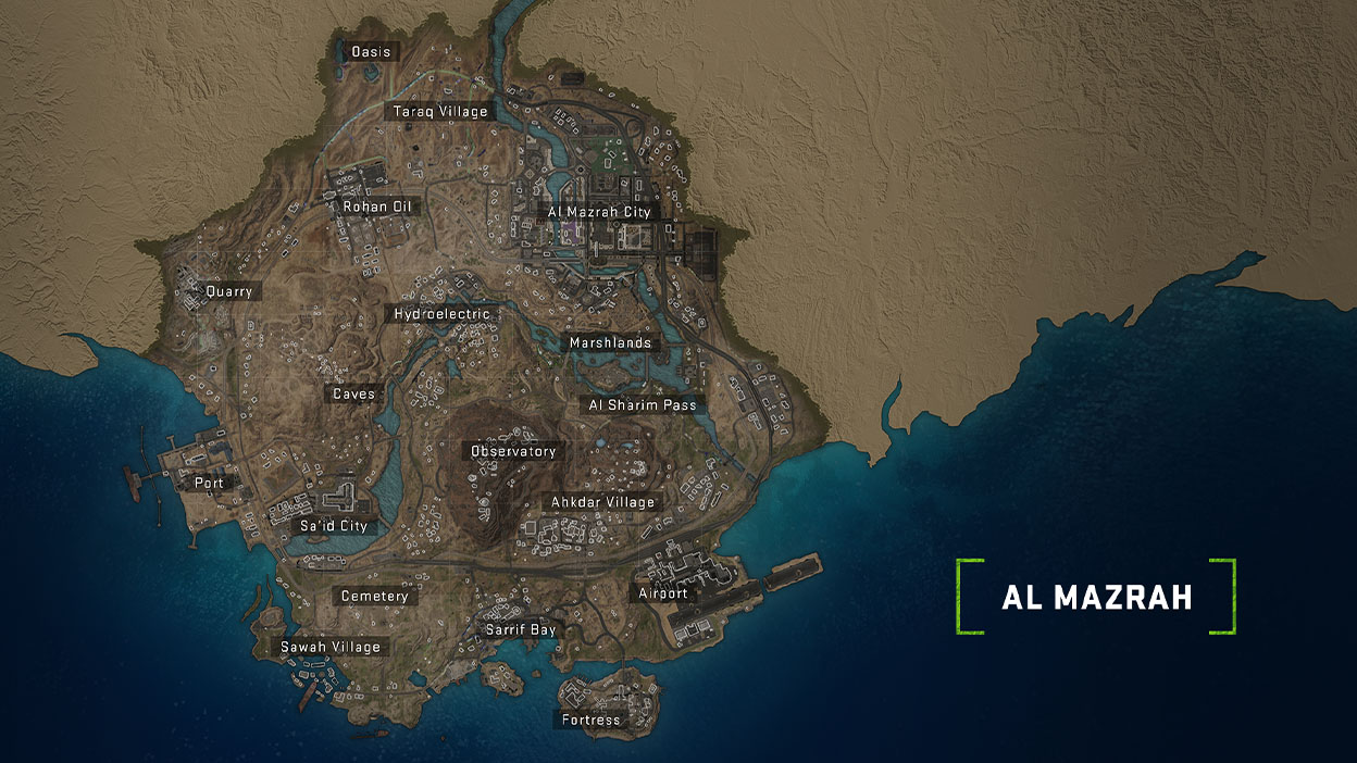 Et kart over Al Mazrah angir individuelle steder av interesse.