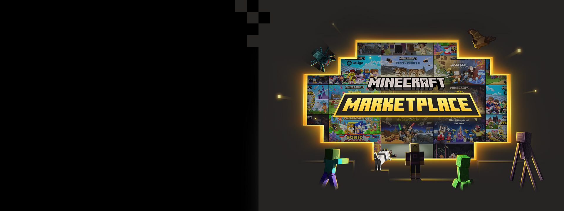 Minecraft Marketplace, verschiedene Mobs spähen durch ein Loch in den Minecraft Marketplace.