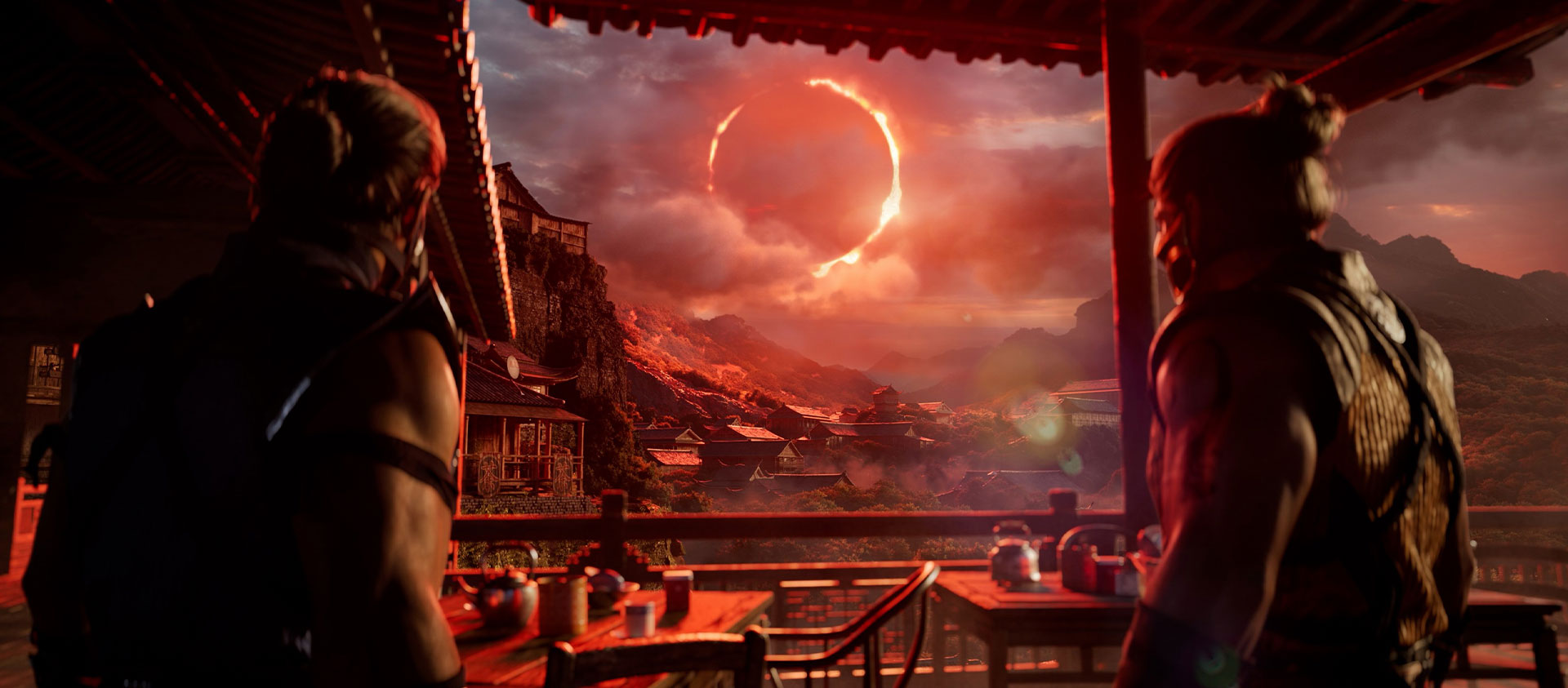Mortal Kombat 1, zwei Charaktere unter einem Schuppen starren auf eine rote Sonnenfinsternis in der Ferne