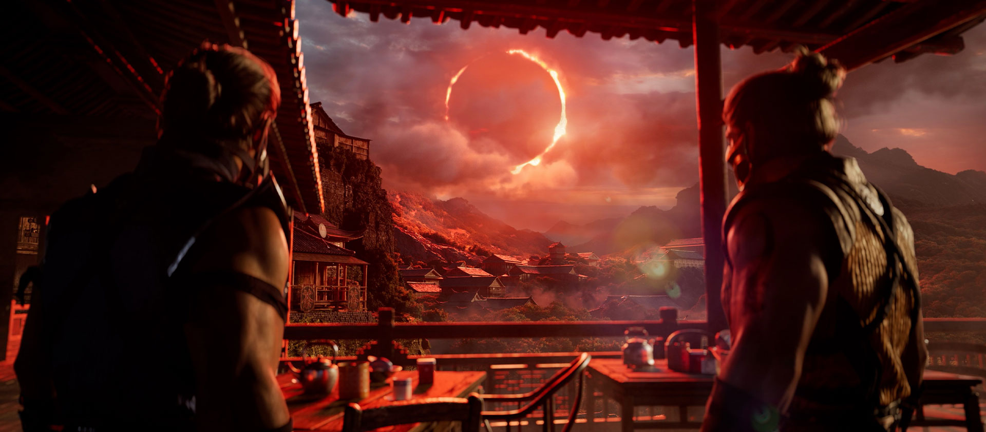 Mortal Kombat 1, dois personagens sob um galpão olham para o eclipse solar vermelho à distância