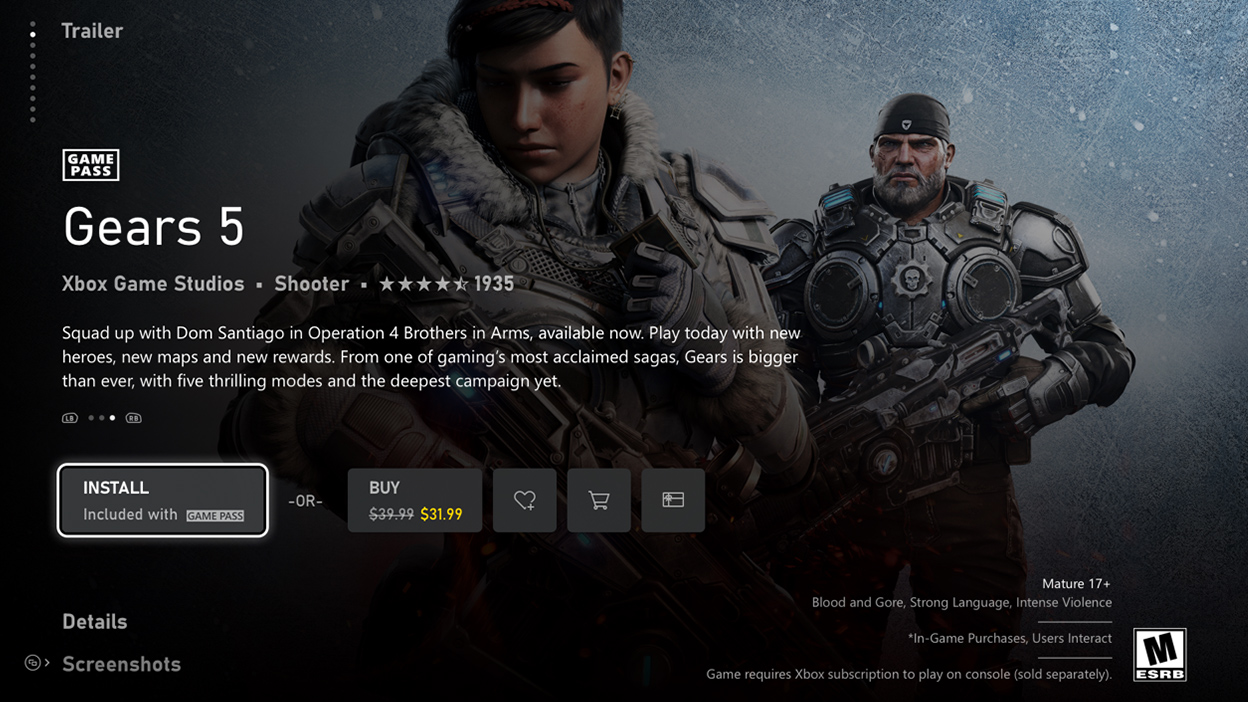 Ein Screenshot der Microsoft Store-Benutzeroberfläche mit der Seite mit den Spieldetails für Gears 5.