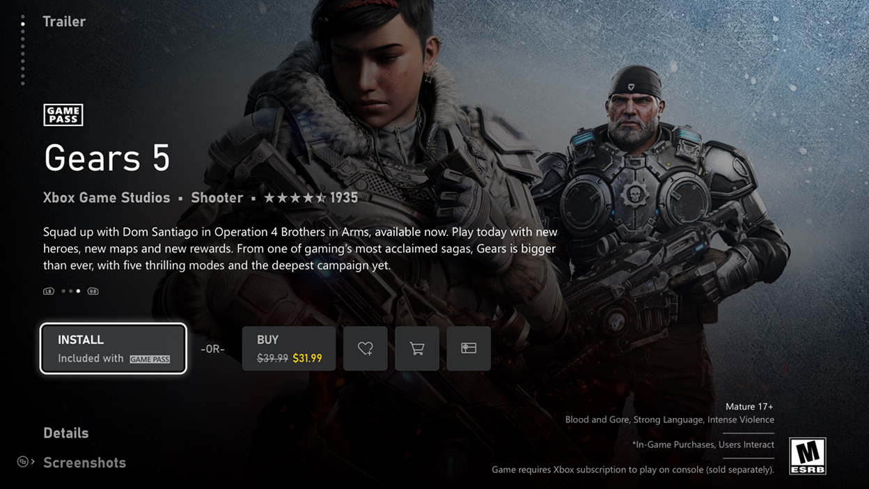 Uma captura de tela da interface do usuário da Microsoft Store, apresentando a página de detalhes do jogo Gears 5.