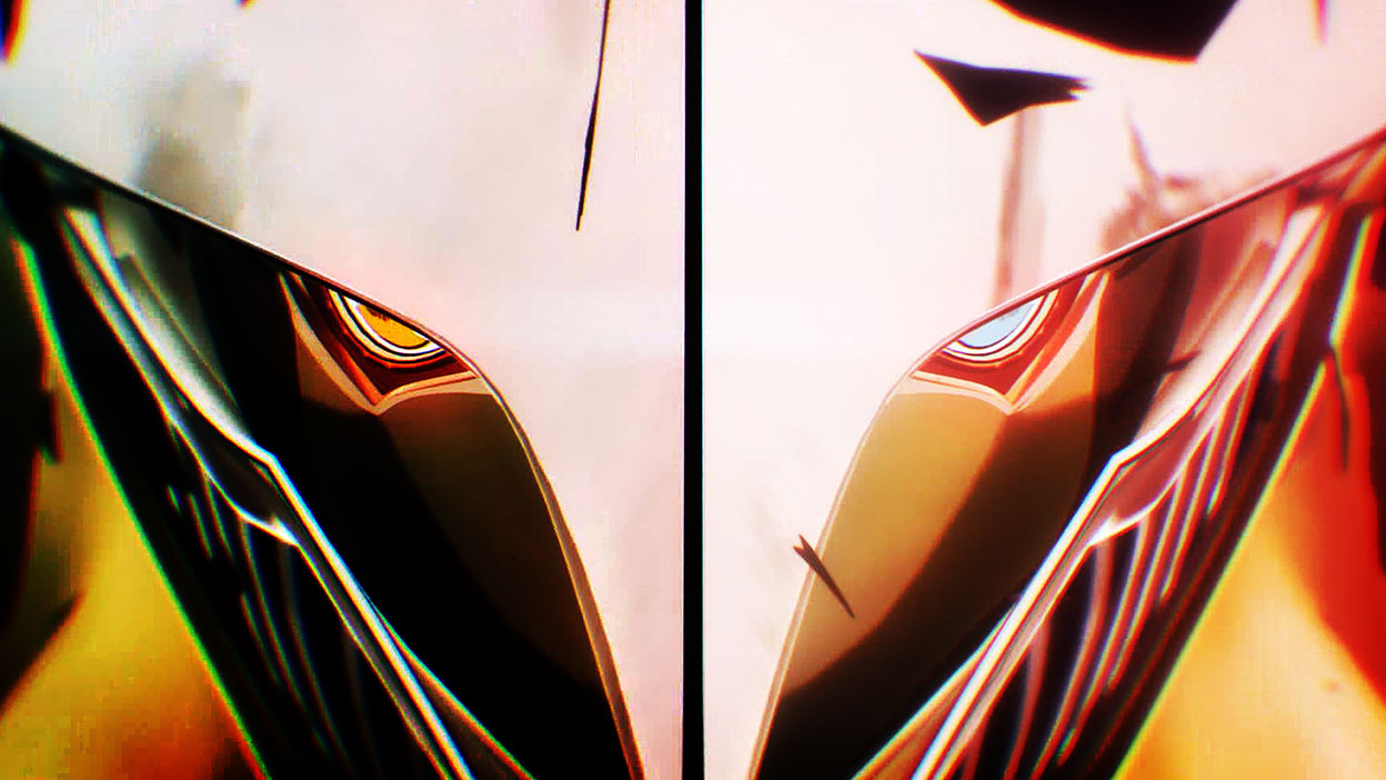 A character glaring forward underneath a metal plate helmet.