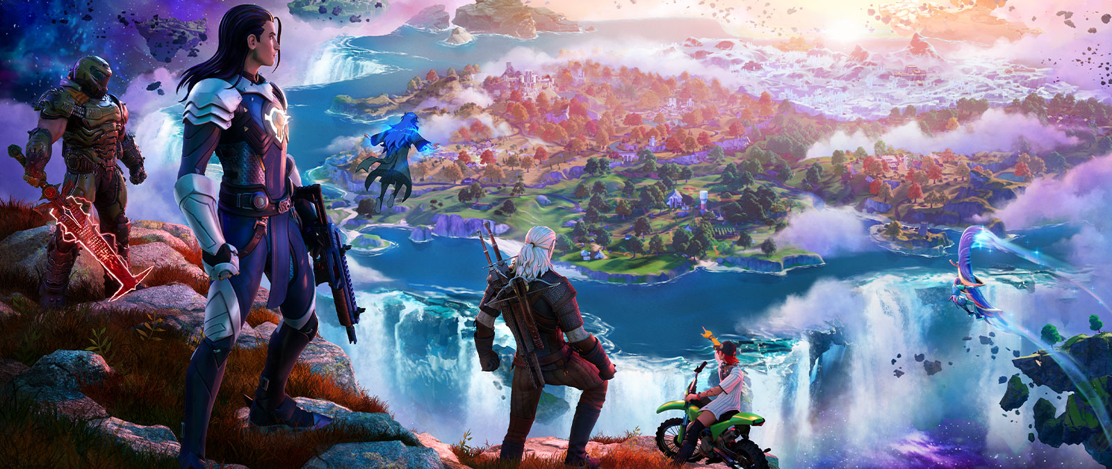 Doom Guy, The Witcher and others look down at the island floating in space.