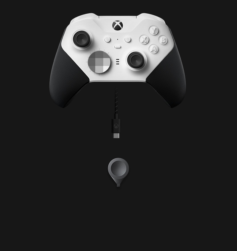 Langaton Xbox Elite Series 2 – Core -ohjain (valkoinen) ja kaikki sen sisältyvät komponentit: USB-C-kaapeli ja peukalosauvojen säätötyökalu.