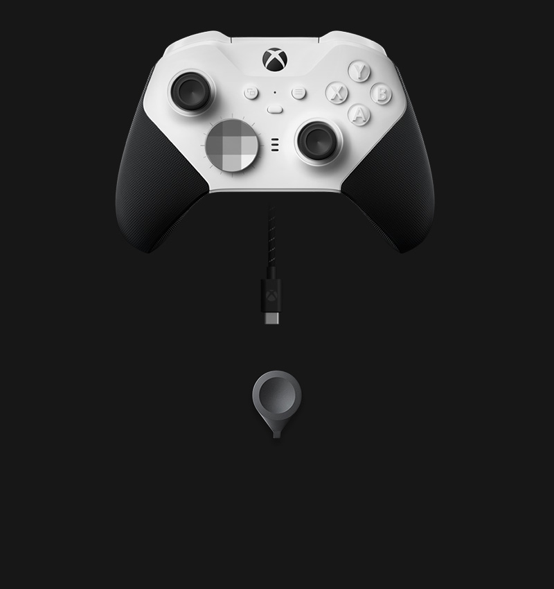 Mando inalámbrico Xbox Elite Series 2: básico (blanco) con todos sus componentes incluidos: cable USB-C y herramienta de ajuste de las palancas de mando.