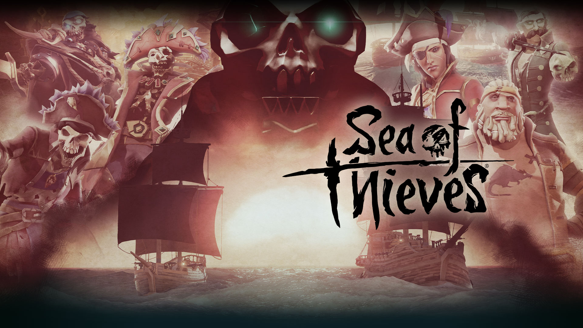 Sea of Thieves, a large skull hangs over two boats, character collage in background. 