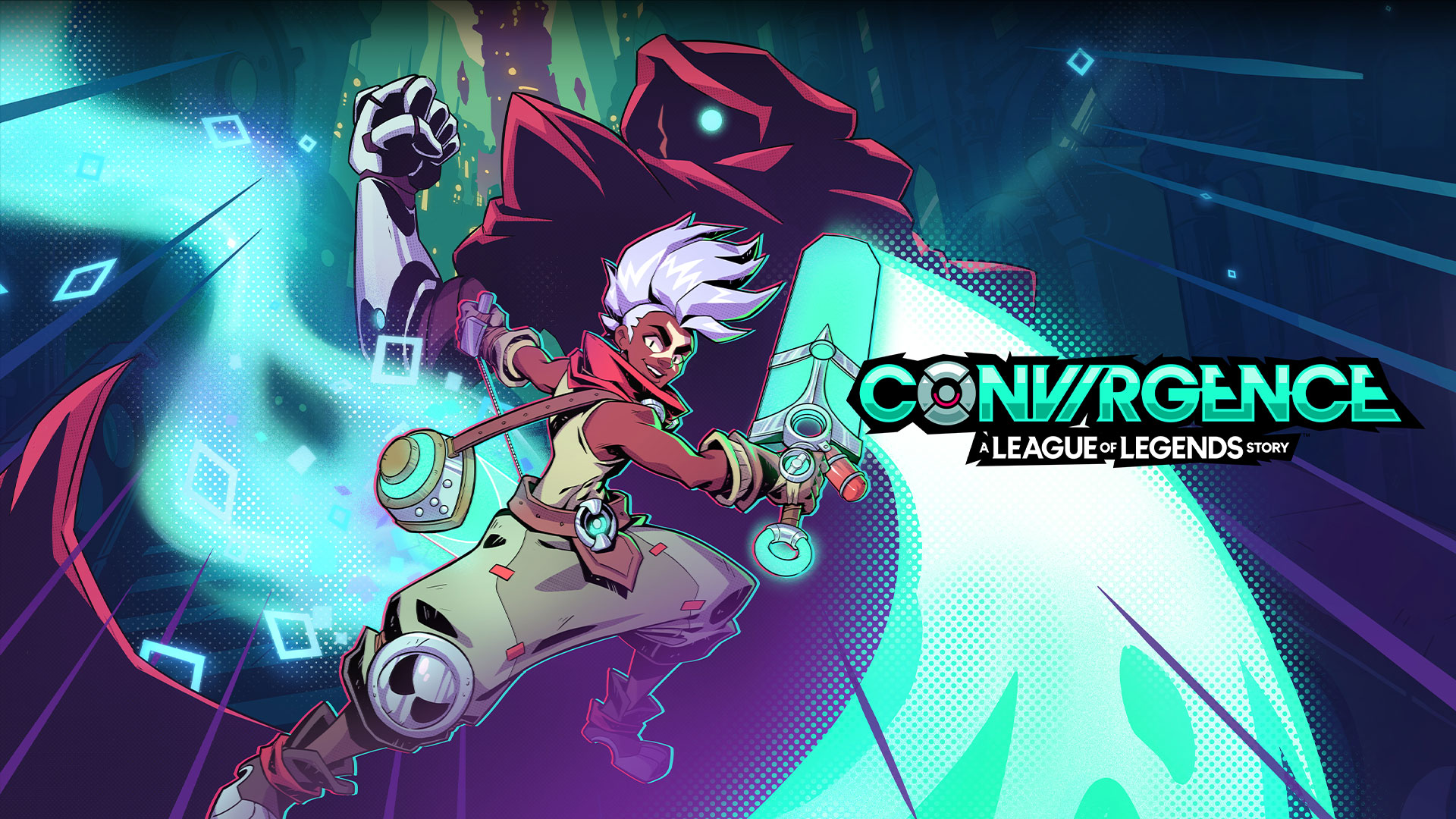 Convergence. A League of Legends Story. Ekko holding a sword and a hooded figure behind him