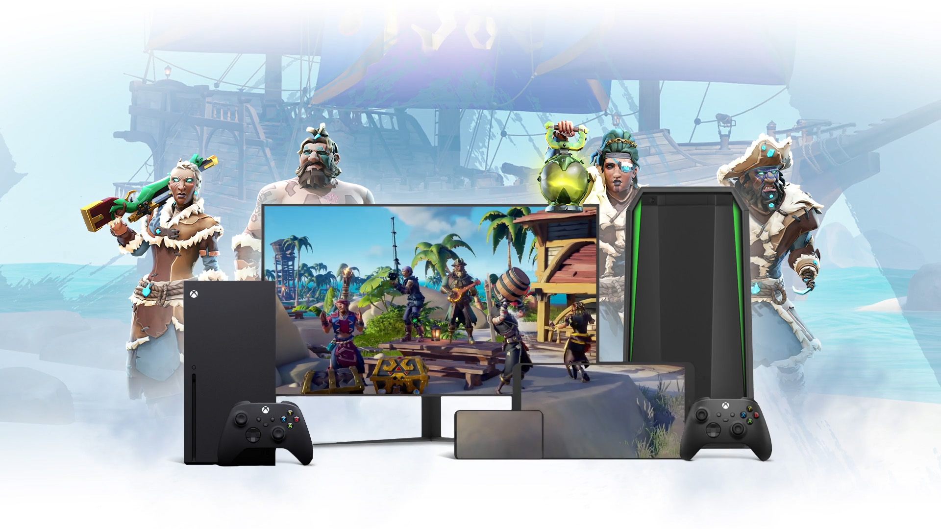 Background of a pirate ship with Sea of Theives characters surrounding a laptop, TV and a mobile device.