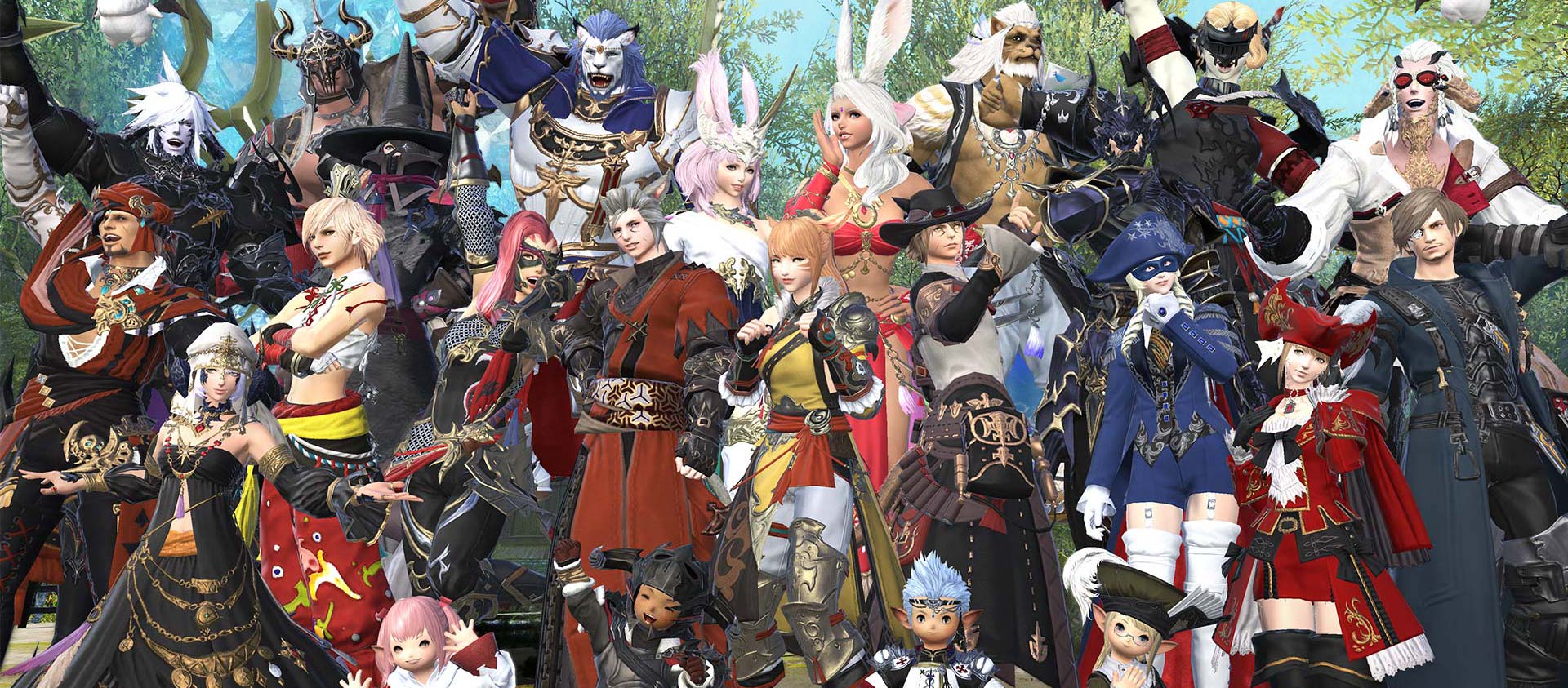A group of customised characters posing together with joy on their faces.