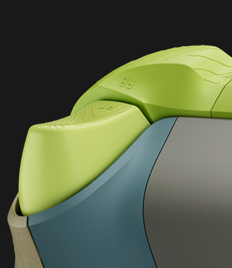 Primer plano de los agarres texturizados en beige y azul del Mando inalámbrico Xbox: Remix Special Edition
