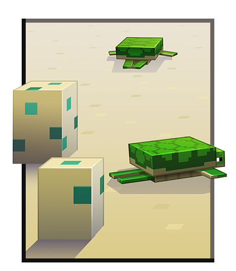 Minecraft-Schildkröten, die aus ihren Eiern krabbeln.