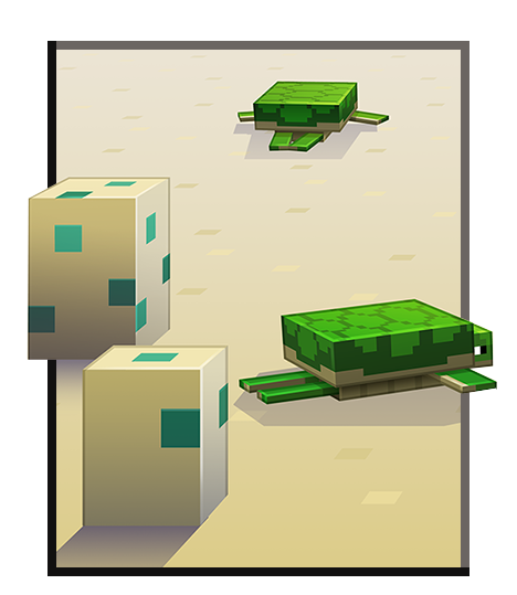 Des tortues de Minecraft qui s’éloignent de leurs œufs en rampant.