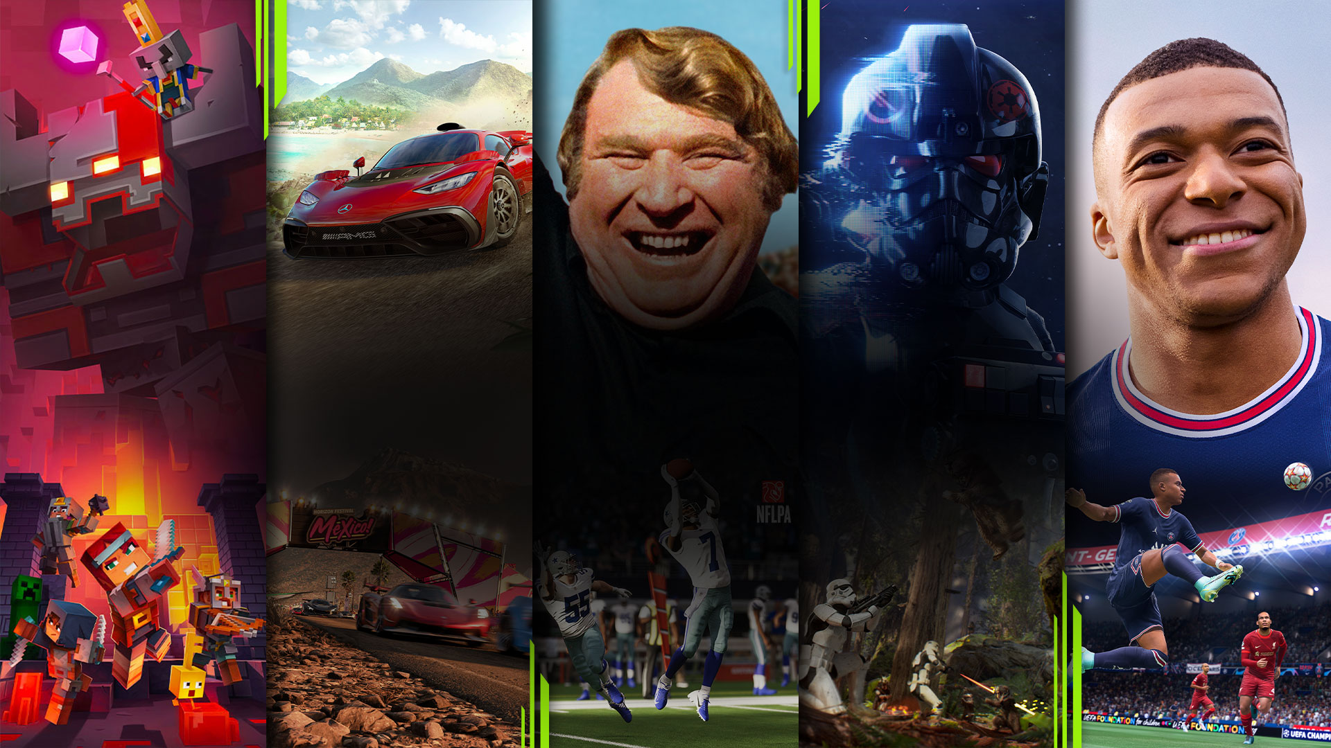A montage of games available on Xbox Game Pass, including Minecraft Dungeons, Forza Horizon 5, Madden NFL 23, Star Wars Battlefront 2 and FIFA 23.