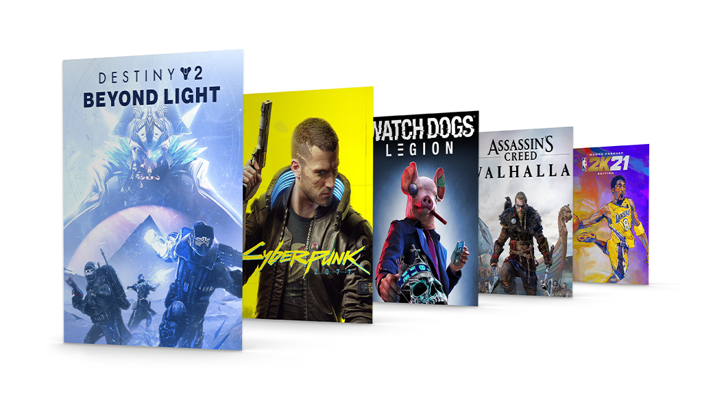 Een collage van verpakkingen van Xbox-games, waaronder Destiny 2: Beyond Light en Cyberpunk 2077