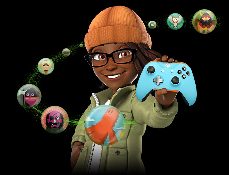 Un avatar Xbox che tiene in mano un controller accanto alle immagini di profilo del gamertag