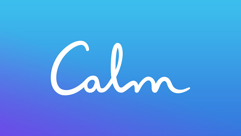 Calm logo, in white, on top of a light blue background.