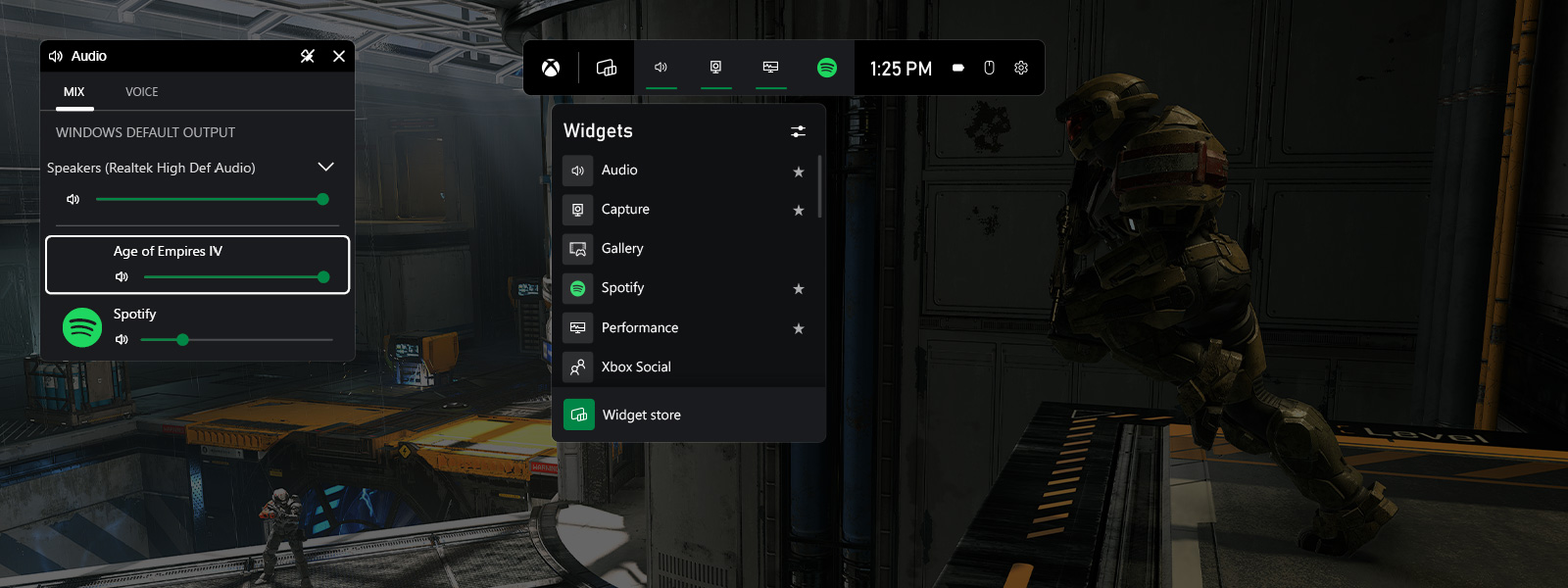 snímek obrazovky panelu Xboxu zobrazující výchozí widgety a nastavení zvuku