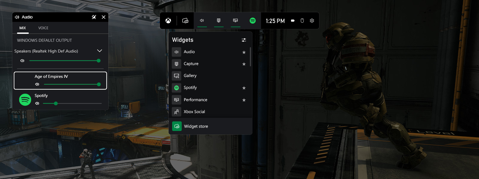 Screenshot des Xbox Dash mit Standard-Widgets und Audioeinstellungen