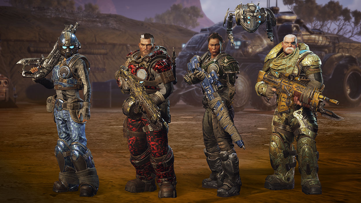 Characters Specter, Gabe Diaz, Mikayla Dorn, Sid Redburn in armor carrying guns with a large vehicle in the back.
