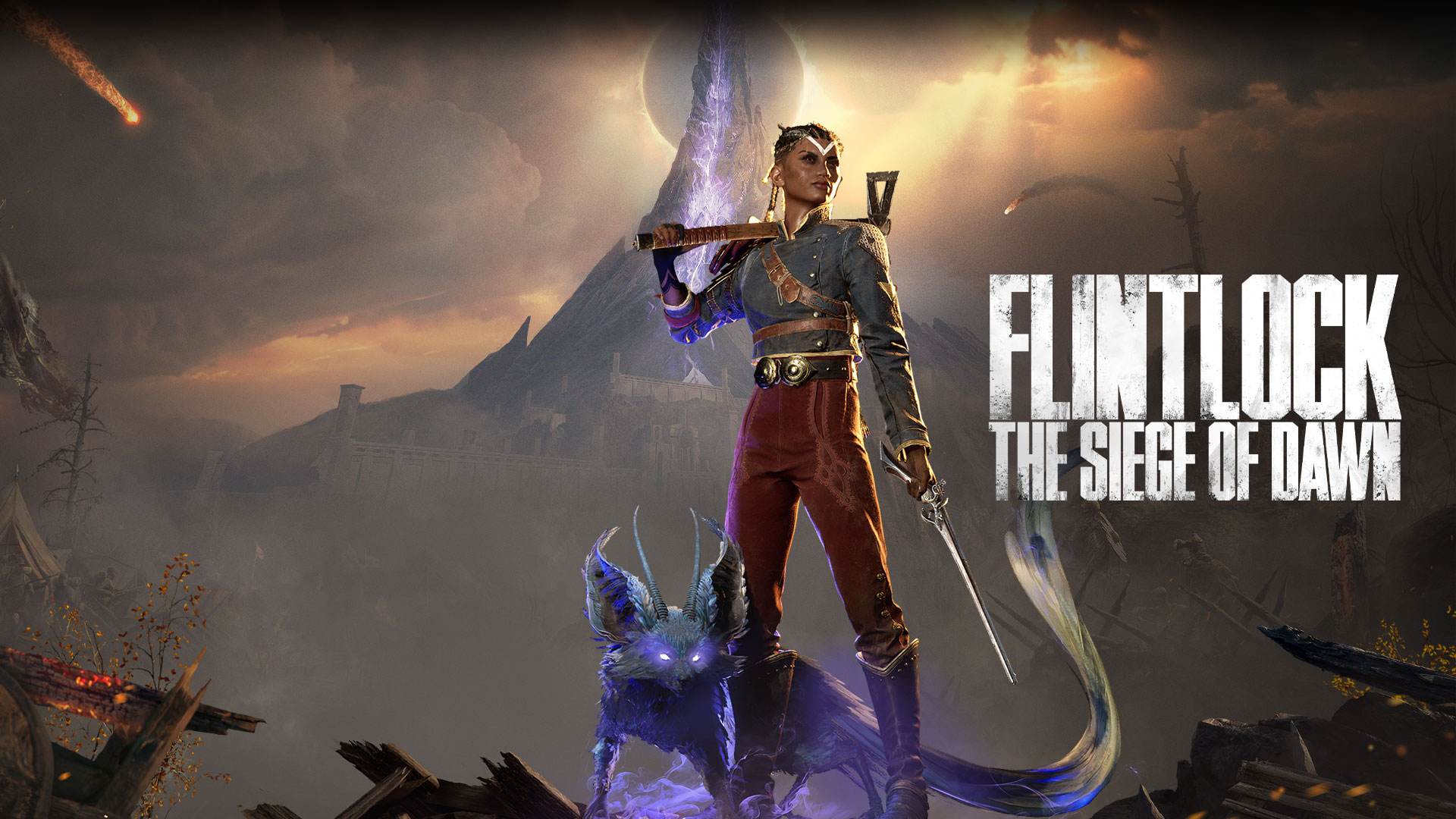 Flintlock the Siege of Dawn-Logo, Nor posiert mit ihrer Pistole und Axt in einer zerstörten Einöde mit Enki ihrem Begleiter. 
