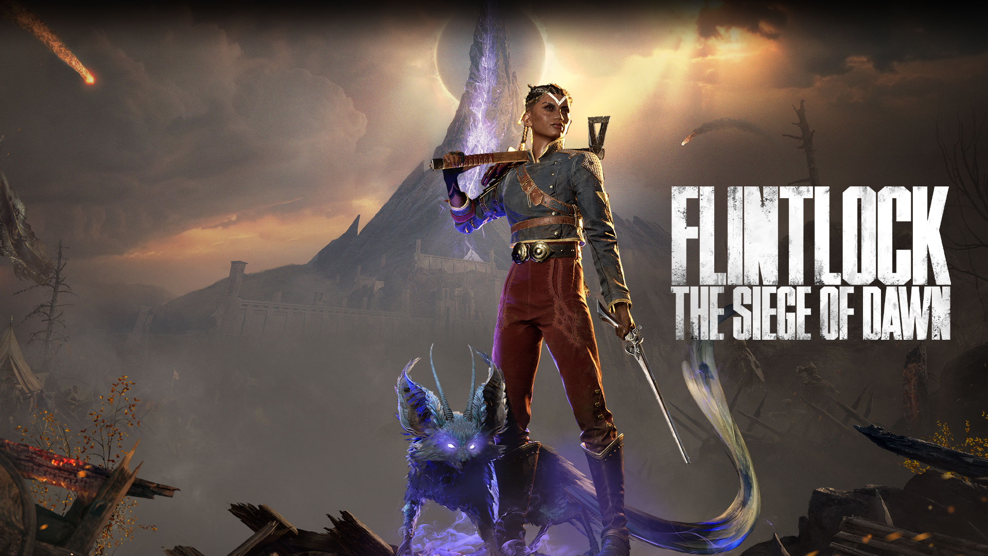 Flintlock the Siege of Dawn logo, Nor poses with her pistol and axe in a destroyed wasteland with Enki her companion. 