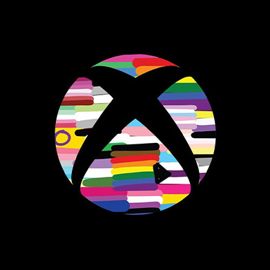 The Xbox logo decorated with simply drawn versions of various pride flags