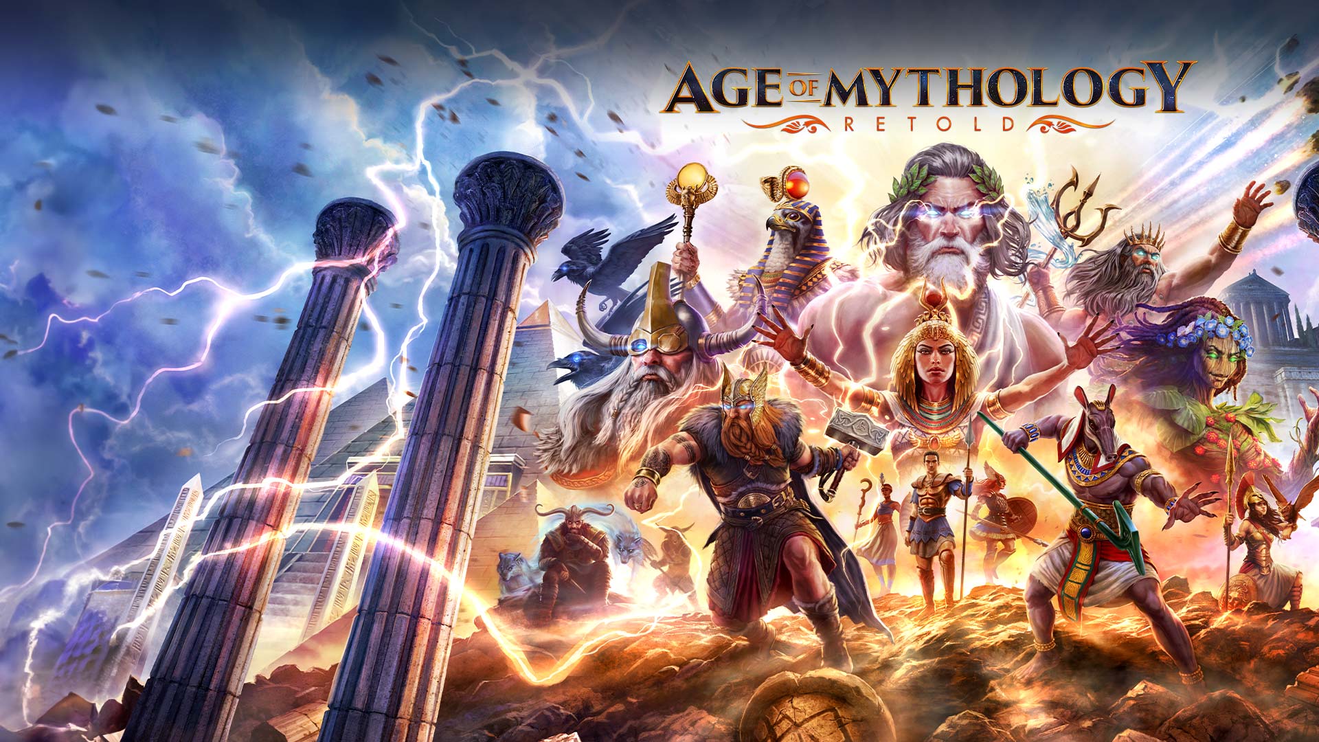 Logo Age of Mythology Retold, różni bogowie i mityczne postacie zstępujące z nieba.
