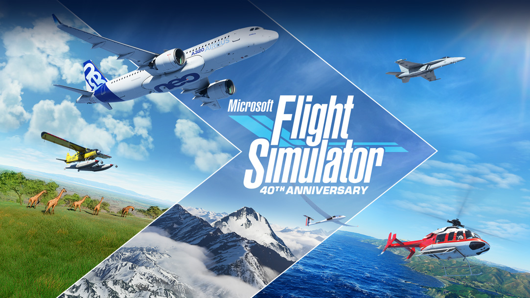 Logo Microsoft Flight Simulator 40th Anniversary, letadla a scény z různých částí světa
